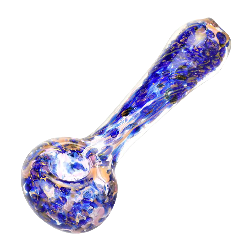 Blue & Gold Fumed Swirl Spoon Pipe, 4.5" Borosilicate Glass, Angled Side View