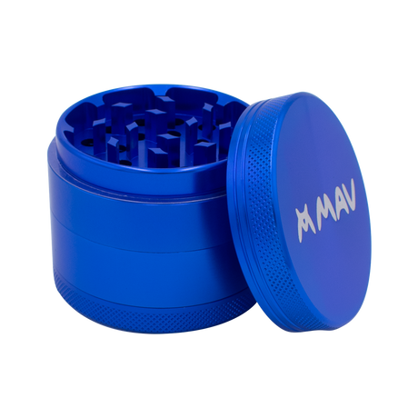 Blue MAV 4-Piece Grinder with textured grip, top view on a seamless white background