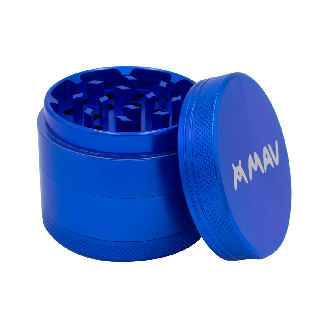 Blue MAV 4-Piece Grinder with textured grip, top view on a seamless white background