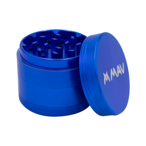 Blue MAV 4-Piece Grinder with textured grip, top view on a seamless white background