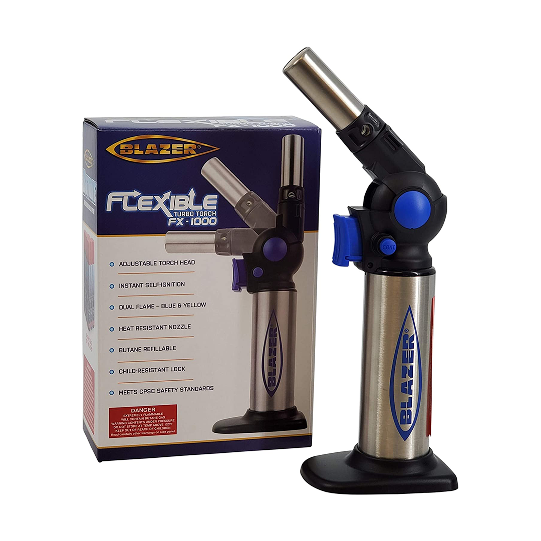 Blazer FX-1000 Dual Flame Turbo Torch with flexible neck and instant ignition, next to its box