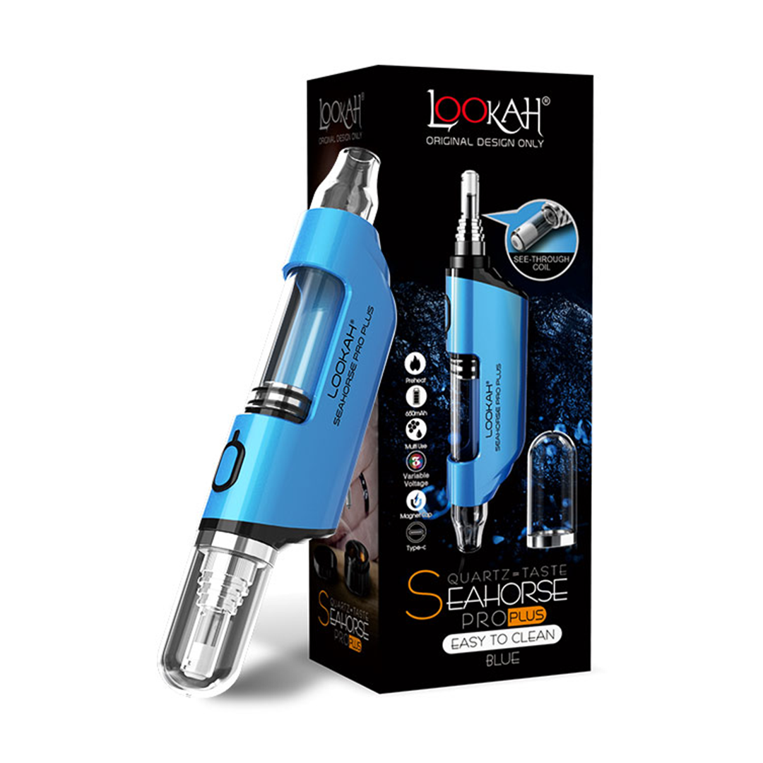 Lookah Seahorse Pro Plus vaporizer in blue with packaging, easy to clean design