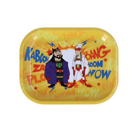 Bluntman & Chronic Horizon Rolling Tray by JSB, yellow with comic-style design, top view