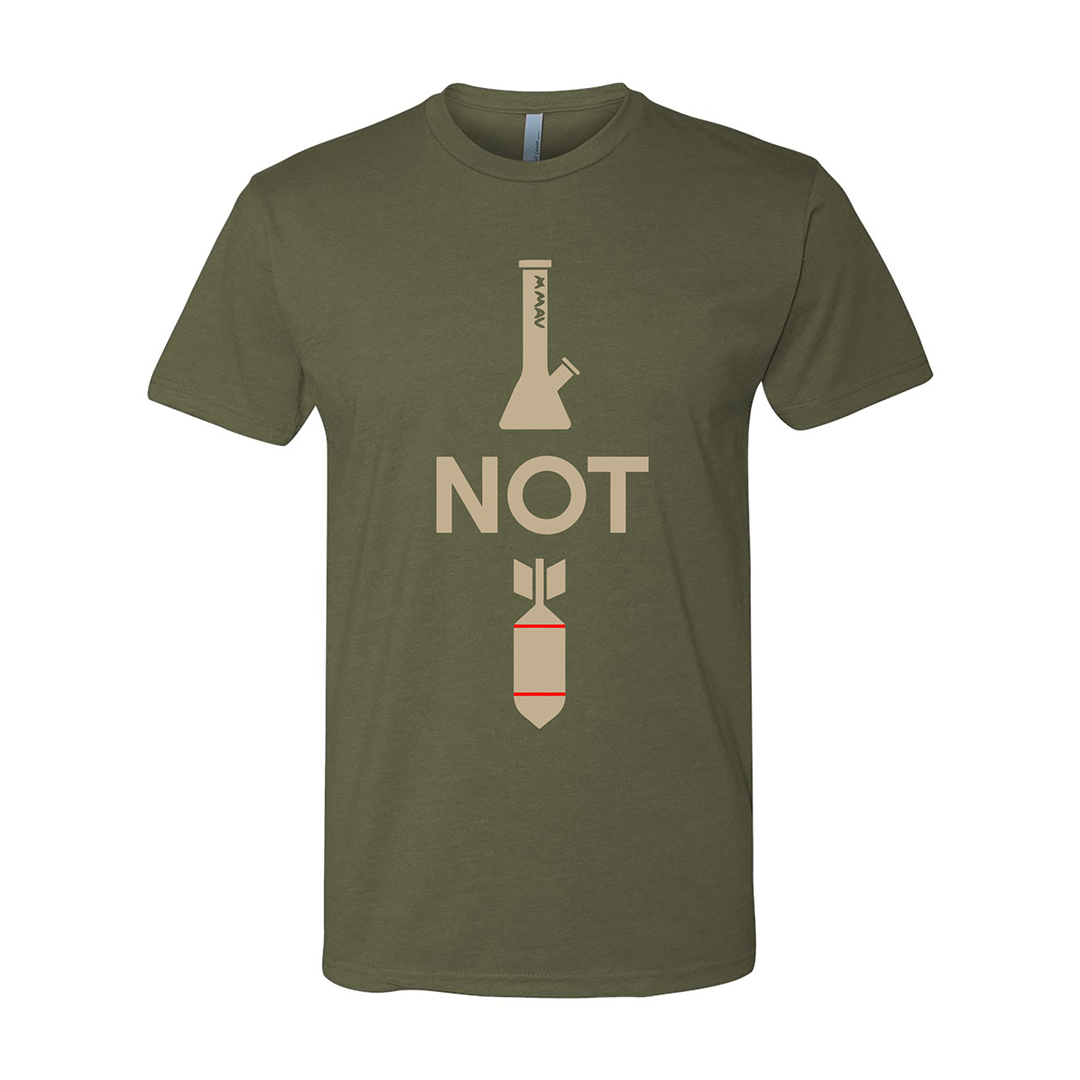 MAV PRO Bongs Not Bombs Military T-Shirt in olive green with graphic print, front view on white background
