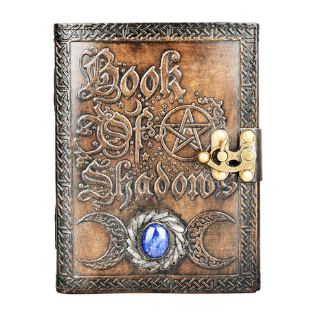 Embossed Leather Journal titled 'Book Of Shadows' with Metal Closure and Blue Stone, Front View