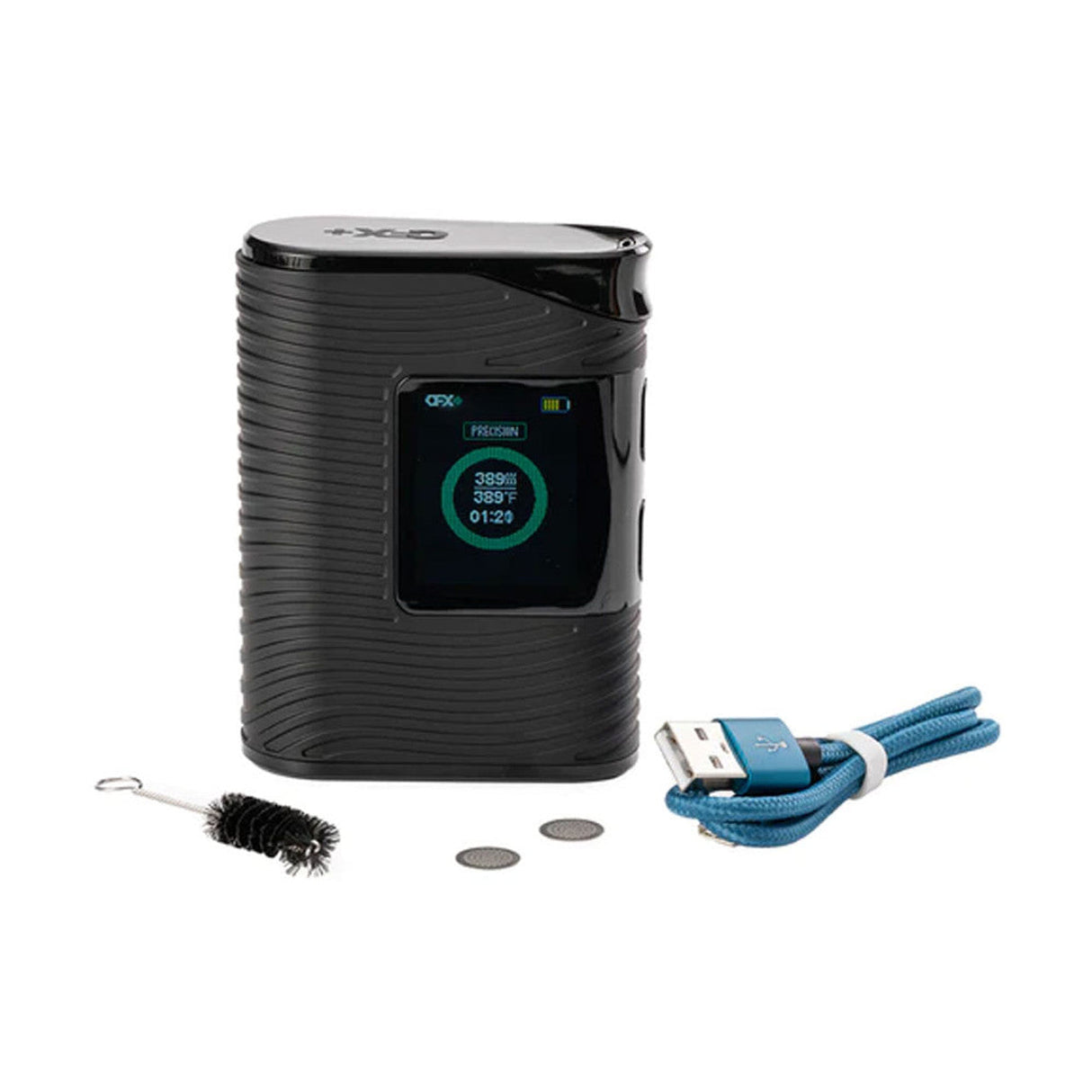 Boundless CFX+ Vaporizer with digital display, cleaning brush, and USB cable