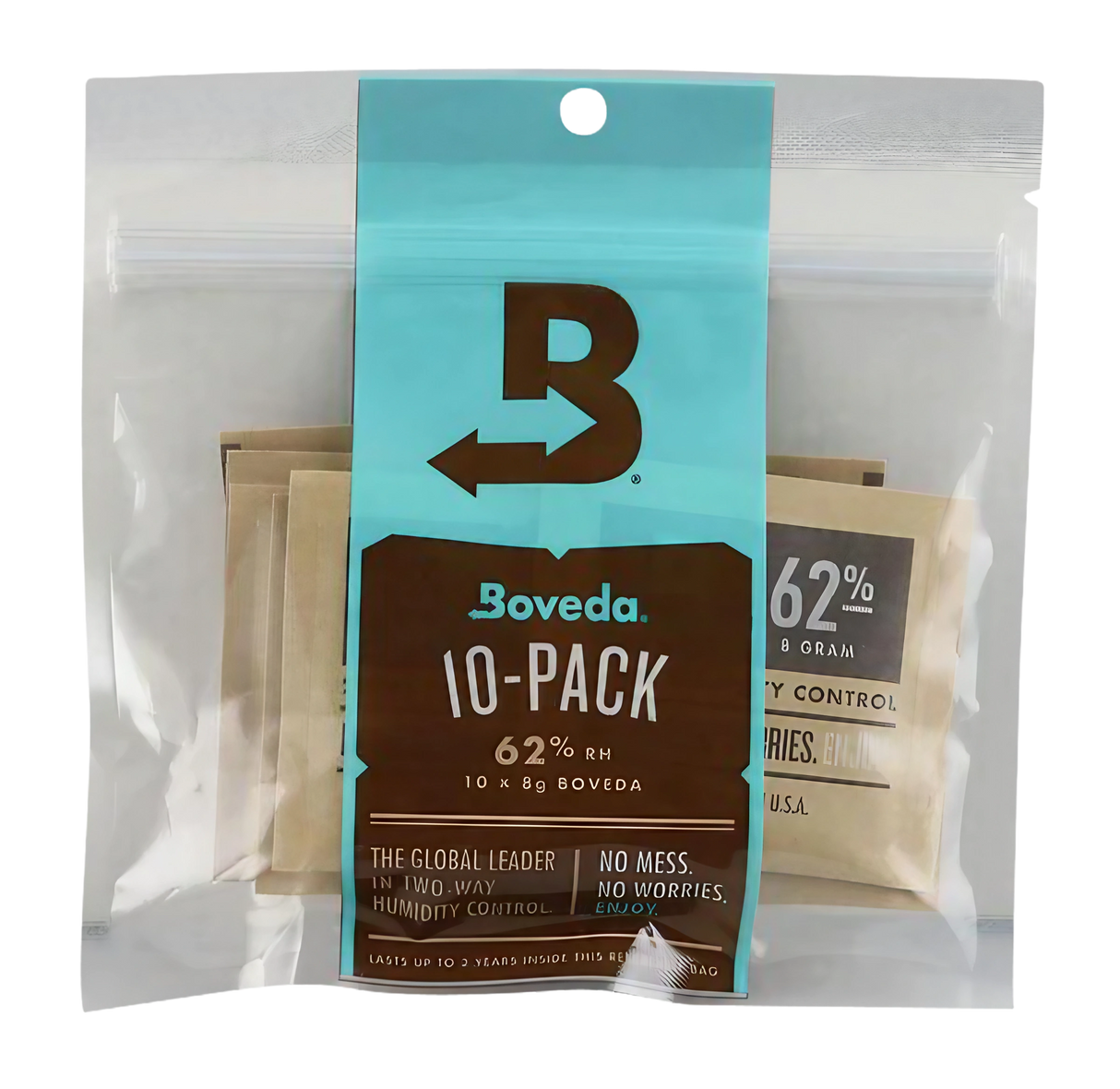 Boveda 62% Humidity Control Packs, 10 Piece Display, Front View for Dry Herb Storage