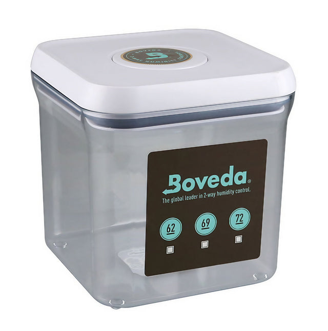 Boveda clear display container for humidipacks, front view on white background, portable humidity control