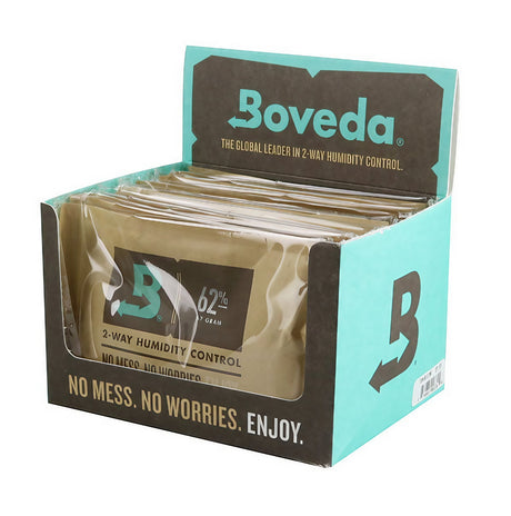 Boveda 12 Pack Humidity Control Packs in 62% for Dry Herbs, Front View Display Box