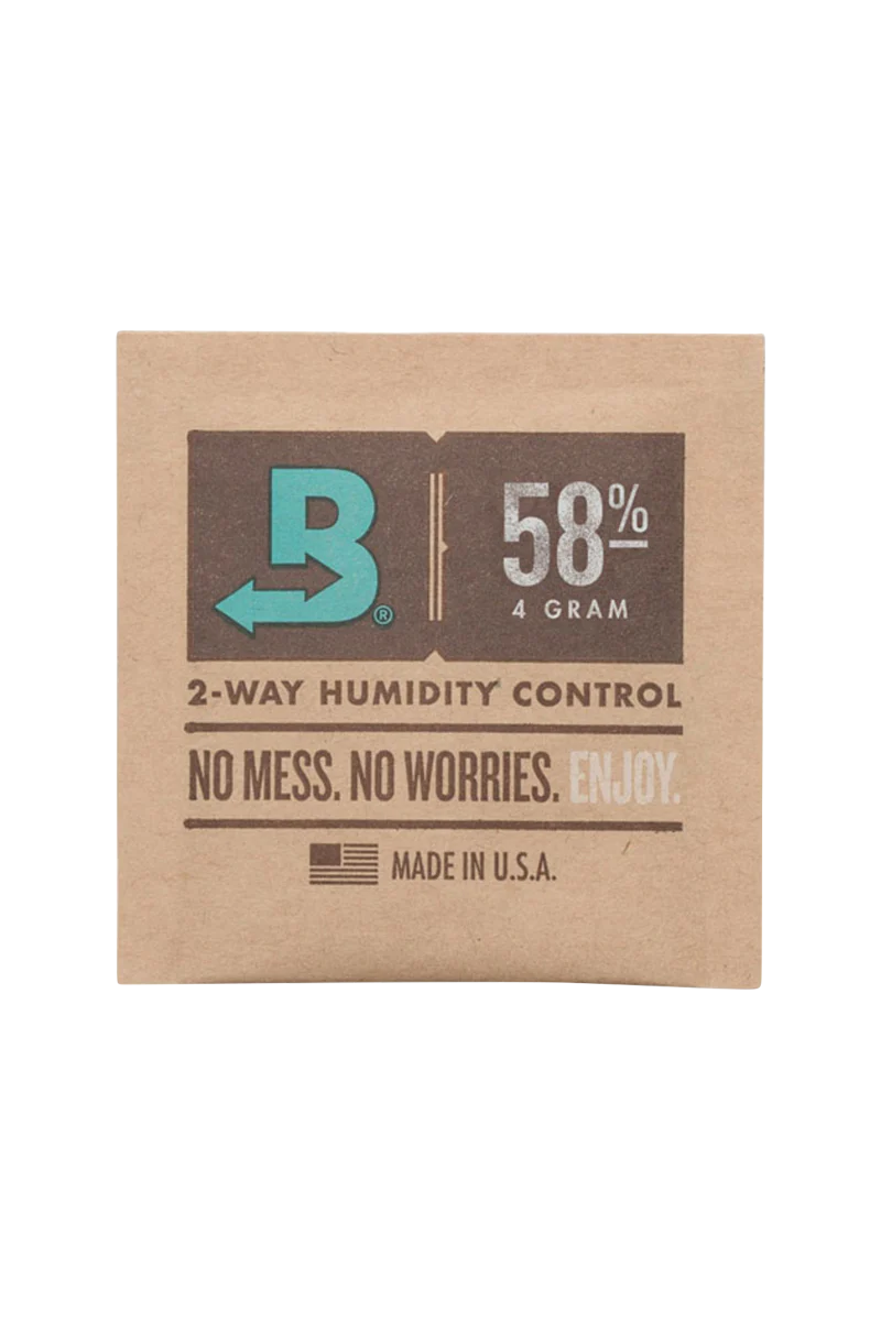 Boveda 58% Humidity Control Pack, 4g, for preserving dry herbs, front view on white background