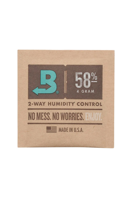 Boveda 58% Humidity Control Pack, 4g, for preserving dry herbs, front view on white background