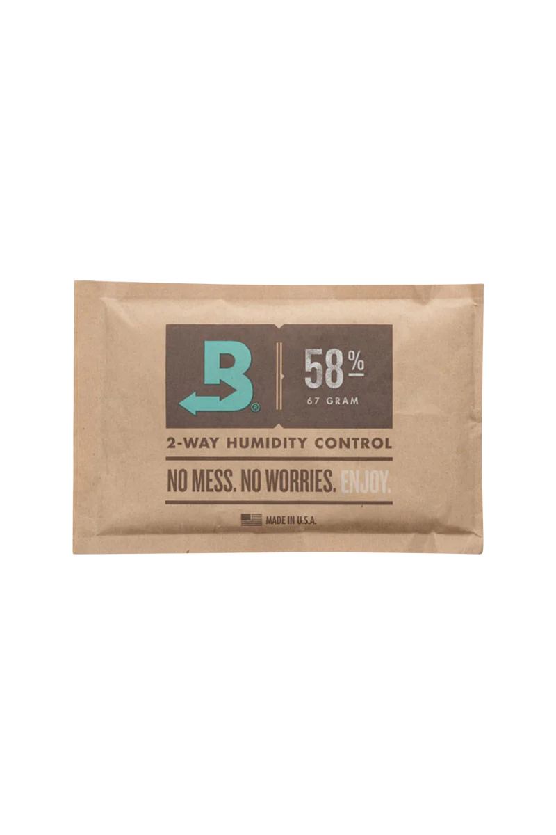 Boveda 58% Humidity Control Pack front view, maintains optimal moisture for dry herbs