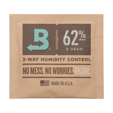 Boveda 62% Humidity Control Pack 8g front view for maintaining dry herbs freshness