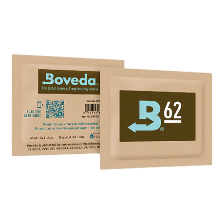Boveda 62% Humidity Control Pack front view on white background for preserving dry herbs