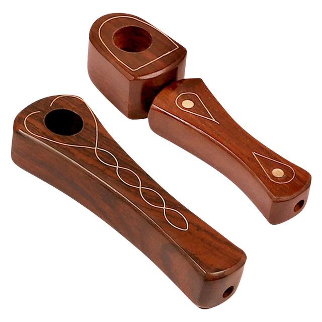 Brass Inlaid Wood Spoon Pipe, 3.75" Portable Design, Top and Side Views