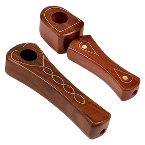 Brass Inlaid Wood Spoon Pipe, 3.75" Portable Design, Top and Side Views