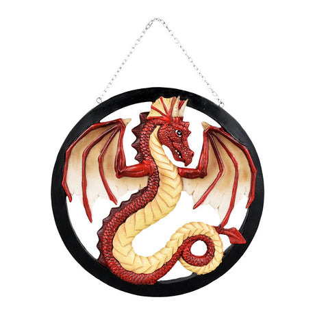 Brave Dragon Hanging Wall Decor, 8.5" Red Metal Artwork, Front View on Seamless White Background
