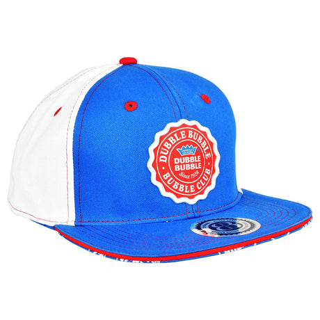 Brisco Brands blue and white Dubble Bubble snapback hat side view on white background