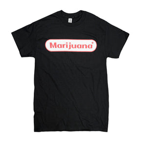 Brisco Brands black T-shirt with 'Marijuana' text front view on white background