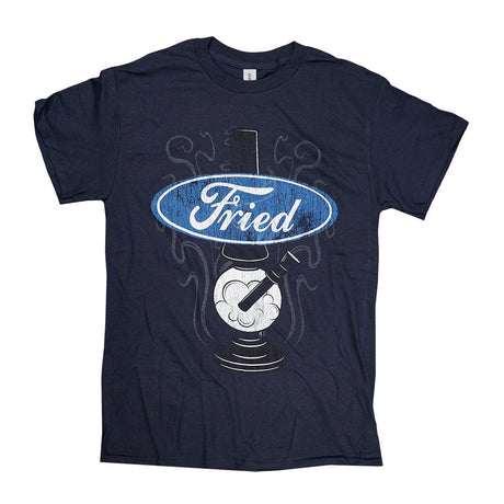 Brisco Brands Fried T-Shirt in navy blue with a quirky graphic print, front view on white background