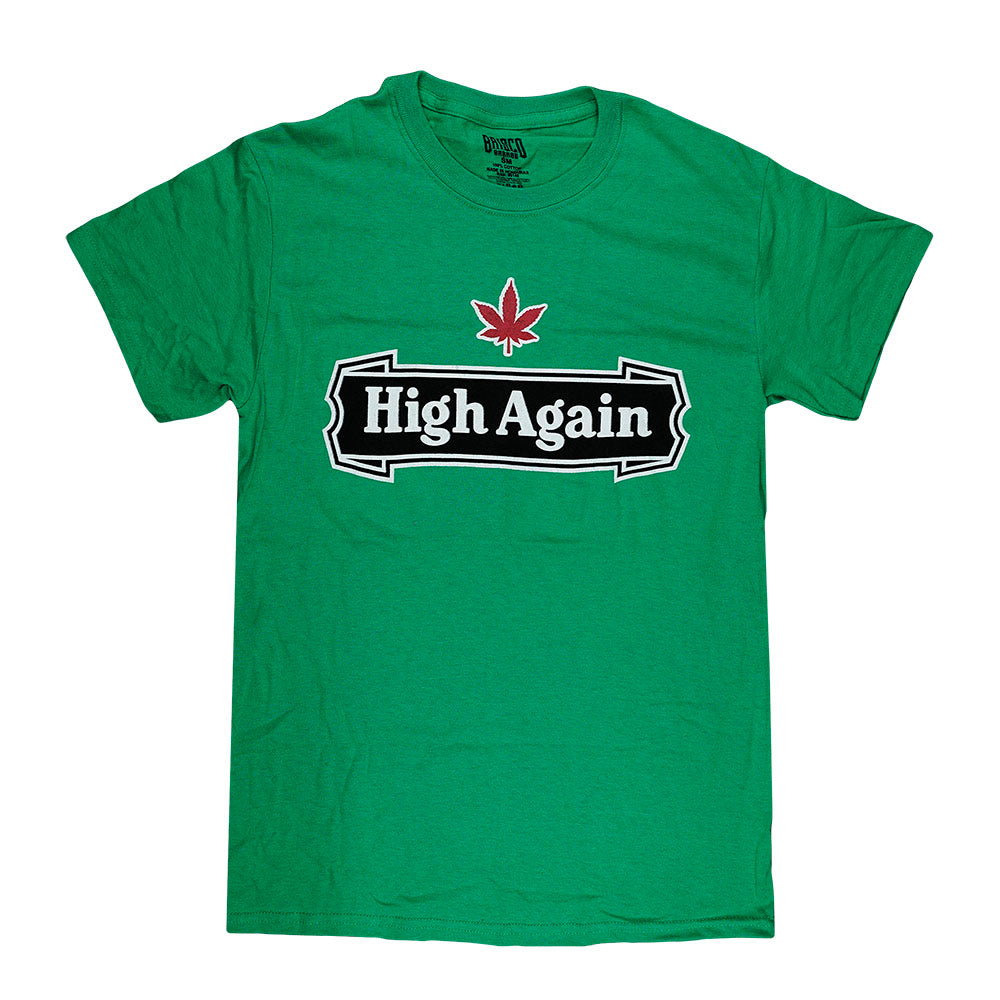 Brisco Brands 'High Again' T-Shirt in green with white lettering, front view on white background