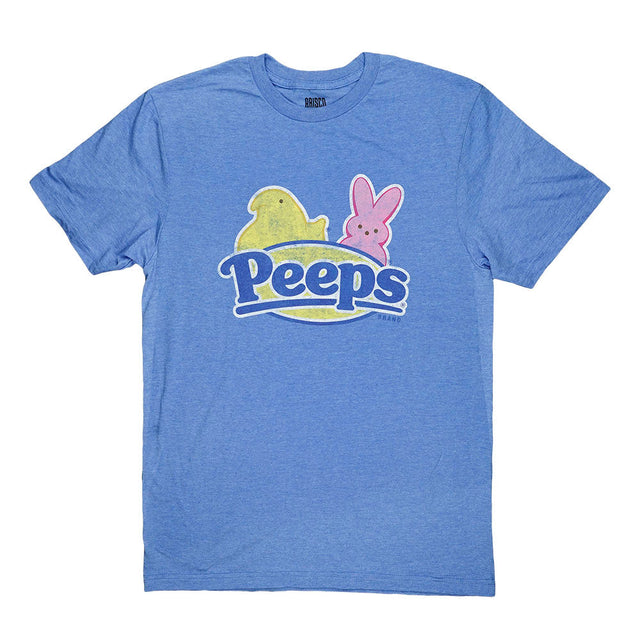 Brisco Brands blue Peeps T-shirt with yellow and pink bunny design, USA made cotton, front view