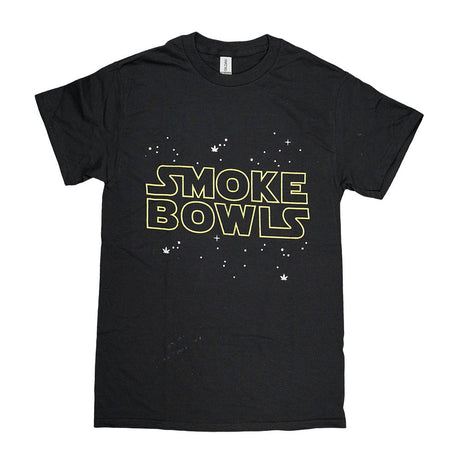 Brisco Brands black cotton t-shirt with 'SMOKE BOWLS' text in bold yellow, front view on white background