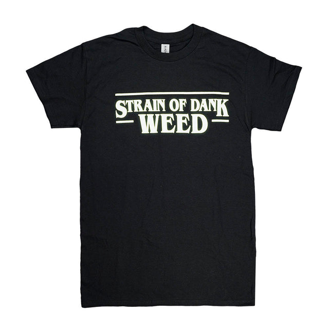 Brisco Brands black t-shirt with 'STRAIN OF DANK WEED' print, front view on white background