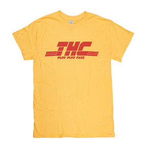 Brisco Brands yellow THC Puff Puff Pass T-Shirt, USA cotton, front view on white