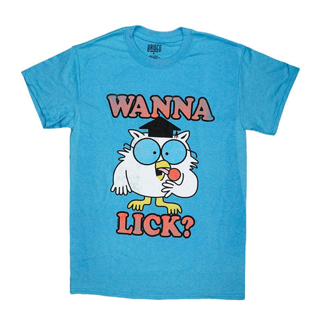 Brisco Brands blue Tootsie Roll Pop T-shirt with cartoon owl graphic, unisex cotton tee front view