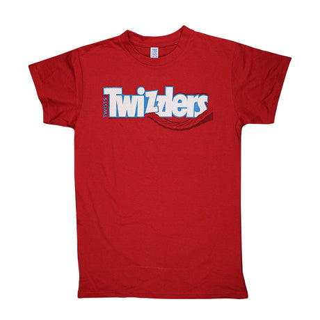 Brisco Brands red Twizzlers logo t-shirt on white background, front view, made in USA, cotton material