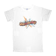 Brisco Brands Whatchamacallit white cotton t-shirt with colorful front print, USA made - front view