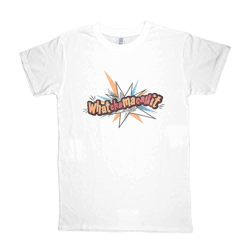 Brisco Brands Whatchamacallit white cotton t-shirt with colorful front print, USA made - front view