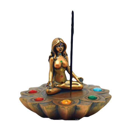 Bronze Chakra Stones Incense Burner with Polyresin Figure - Front View
