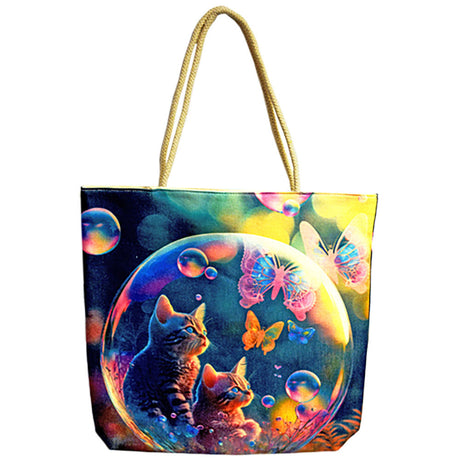 Bubble Kittens Jute Rope-Handled Tote Bag, 17"x15", Multicolor, Front View