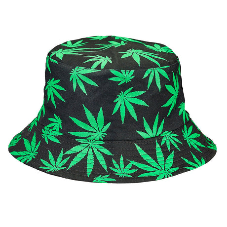 Stylish black bucket hat with vibrant green hemp leaf print, made of comfortable cotton material
