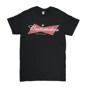 Black Budsmaker Smoker T-Shirt with fun novelty design, unisex fit, front view on white background