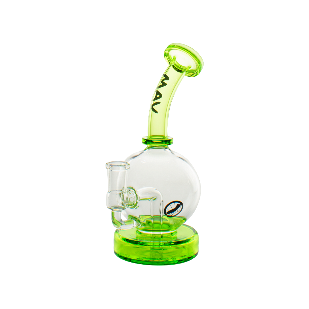 MAV Glass Bulb Rig with green accents and clear bulb chamber, side view on white background