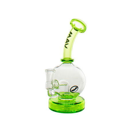 MAV Glass Bulb Rig with green accents and clear bulb chamber, side view on white background