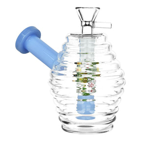 Buzzin' Bee Hive Glass Water Pipe, 4" 14mm F, bubble design with blue accents, clear borosilicate glass