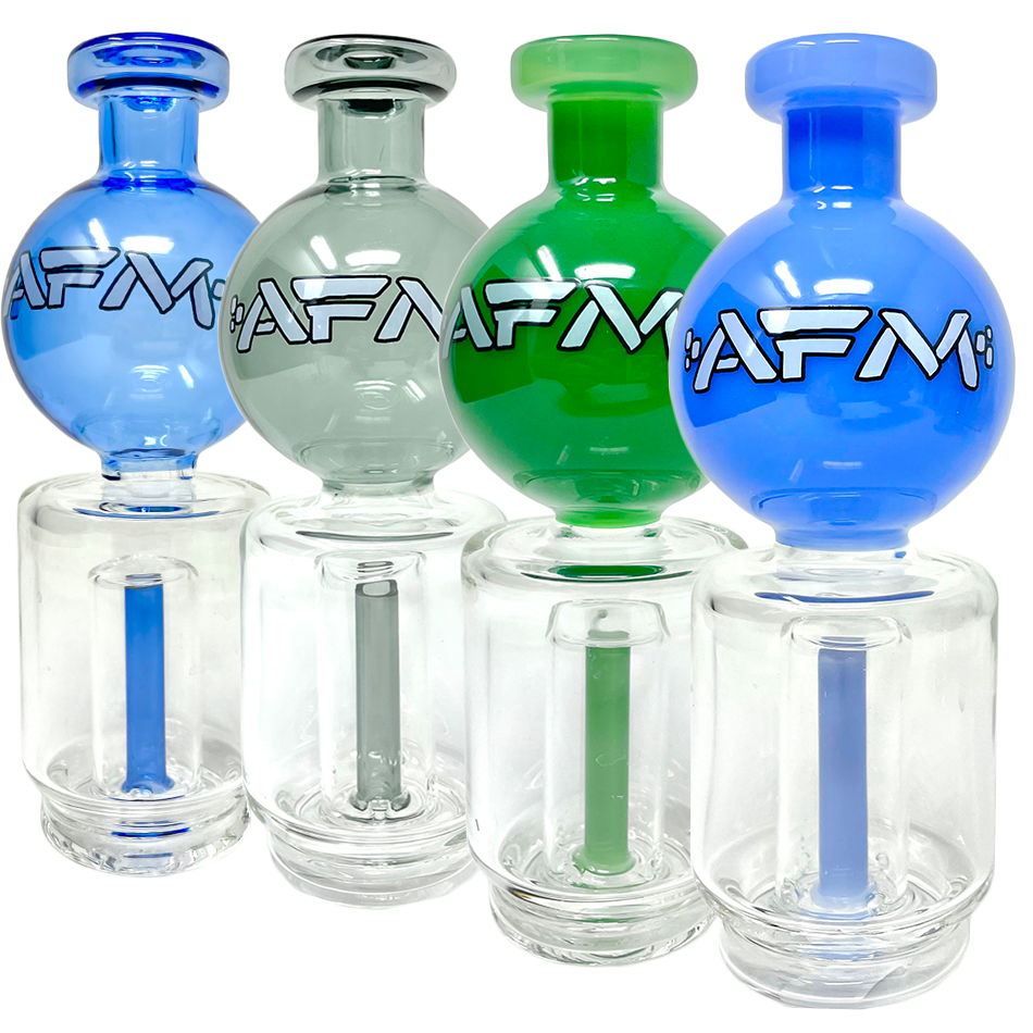 AFM Puffco Peak Globe Attachments in blue, green, and clear with showerhead percs