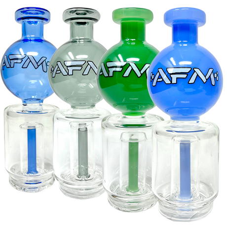 AFM Puffco Peak Globe Attachments in blue, green, and clear with showerhead percs