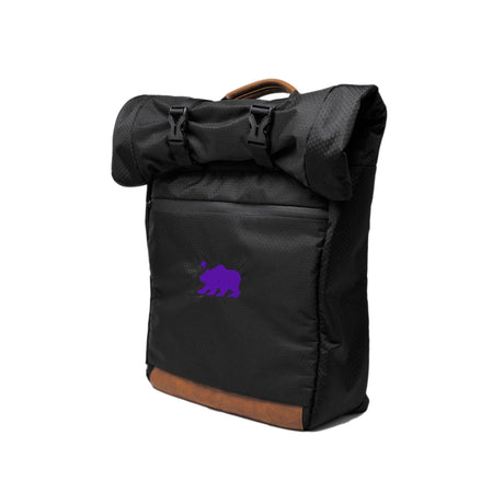 Cali Crusher Backpack Roll Up in Black/Purple, front view on white background, smell-proof silicone