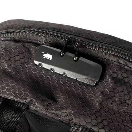 Close-up of Cali Backpack® Standard zipper and logo, showcasing durable, smell-proof material.