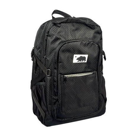 Cali Crusher Cali Backpack® Standard in black, front view on white background, featuring smell-proof zipper compartment