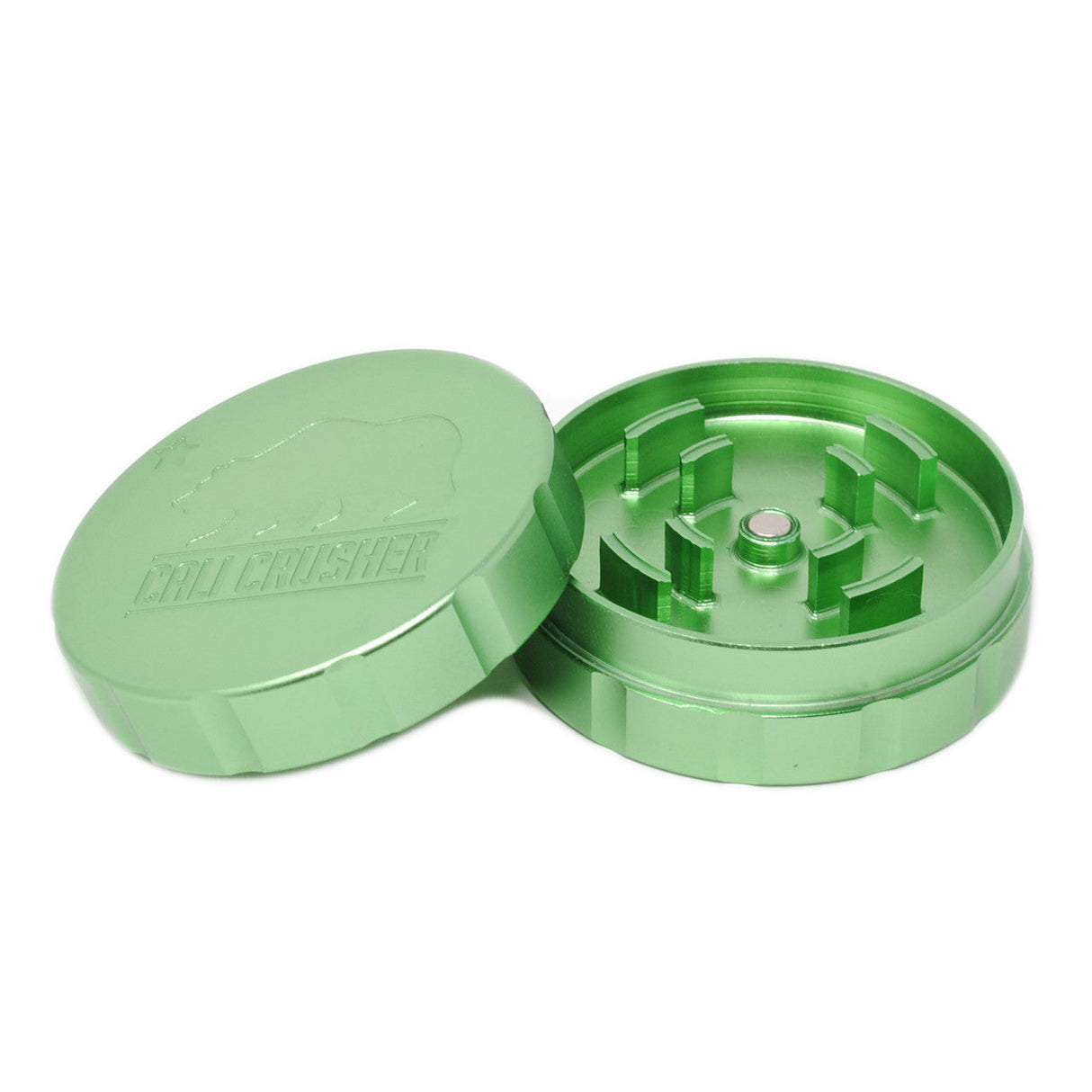 Cali Crusher 2.0 - 2 Piece Aluminum Grinder in Green, Open View Showing Teeth