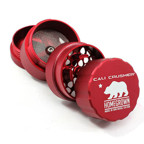 Cali Crusher Homegrown 4-Piece Pocket Grinder in red, front view with open compartments