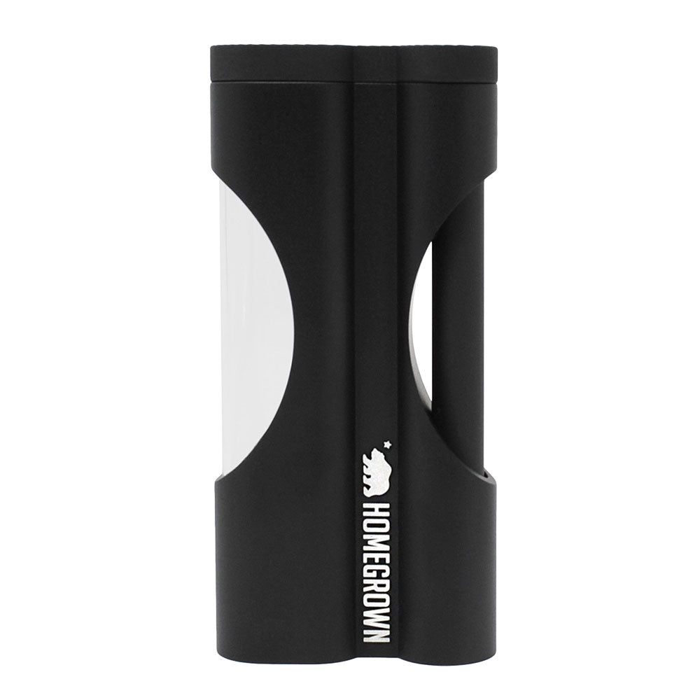 Cali Crusher Homegrown Matte Black Aluminum Dugout, 4.25" tall, front view, portable design for dry herbs