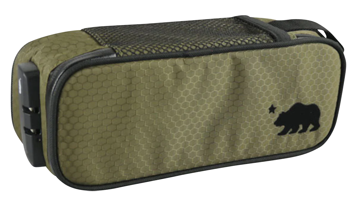 Cali Crusher Medium Locking Soft Case in olive green, front view with bear logo, smell-proof and secure storage