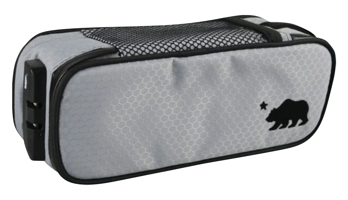 Cali Crusher Medium Locking Soft Case in gray with black mesh and secure lock, side view